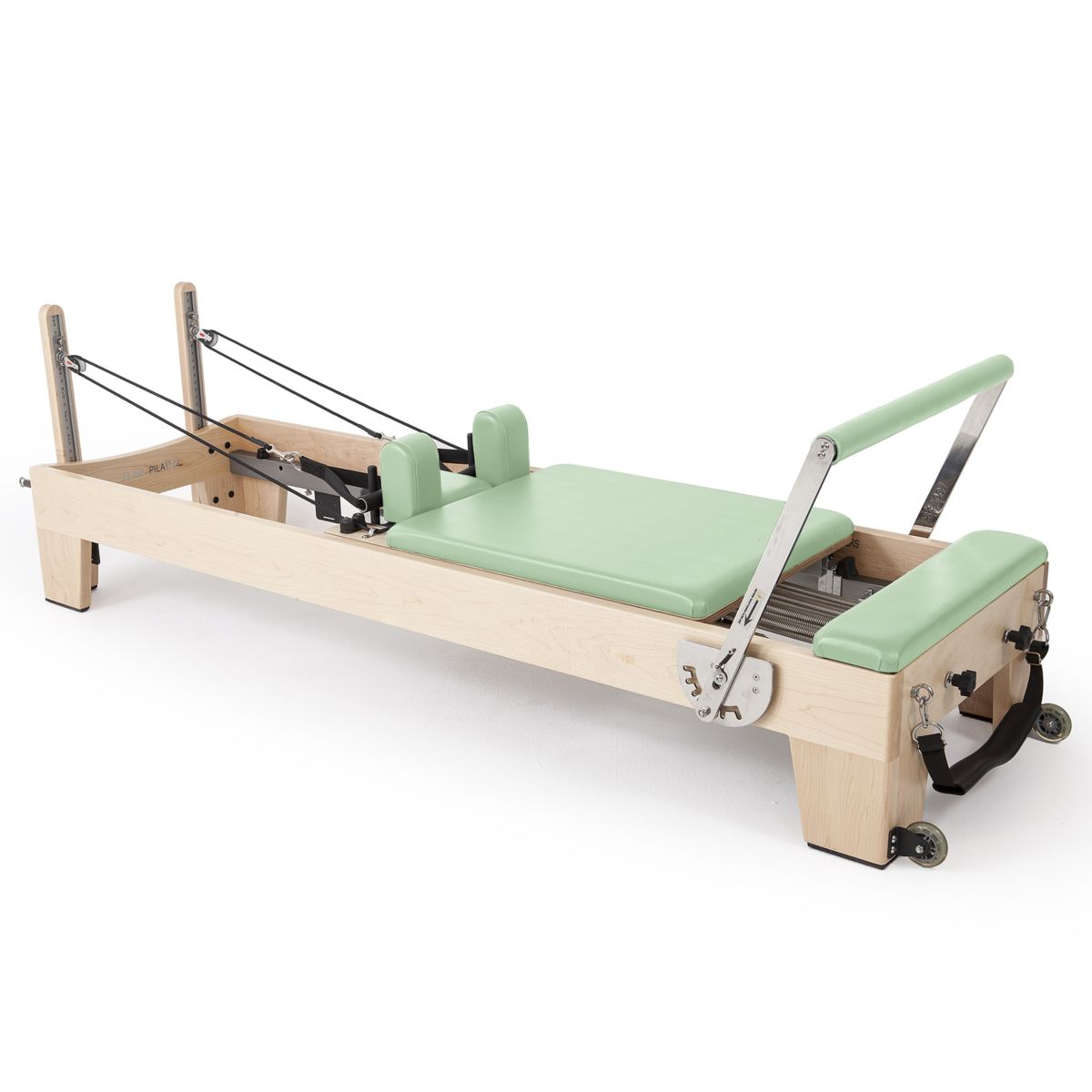 Side view of the Elina Pilates Elite Reformer showcasing its rock maple wood finish and smooth stainless steel components.