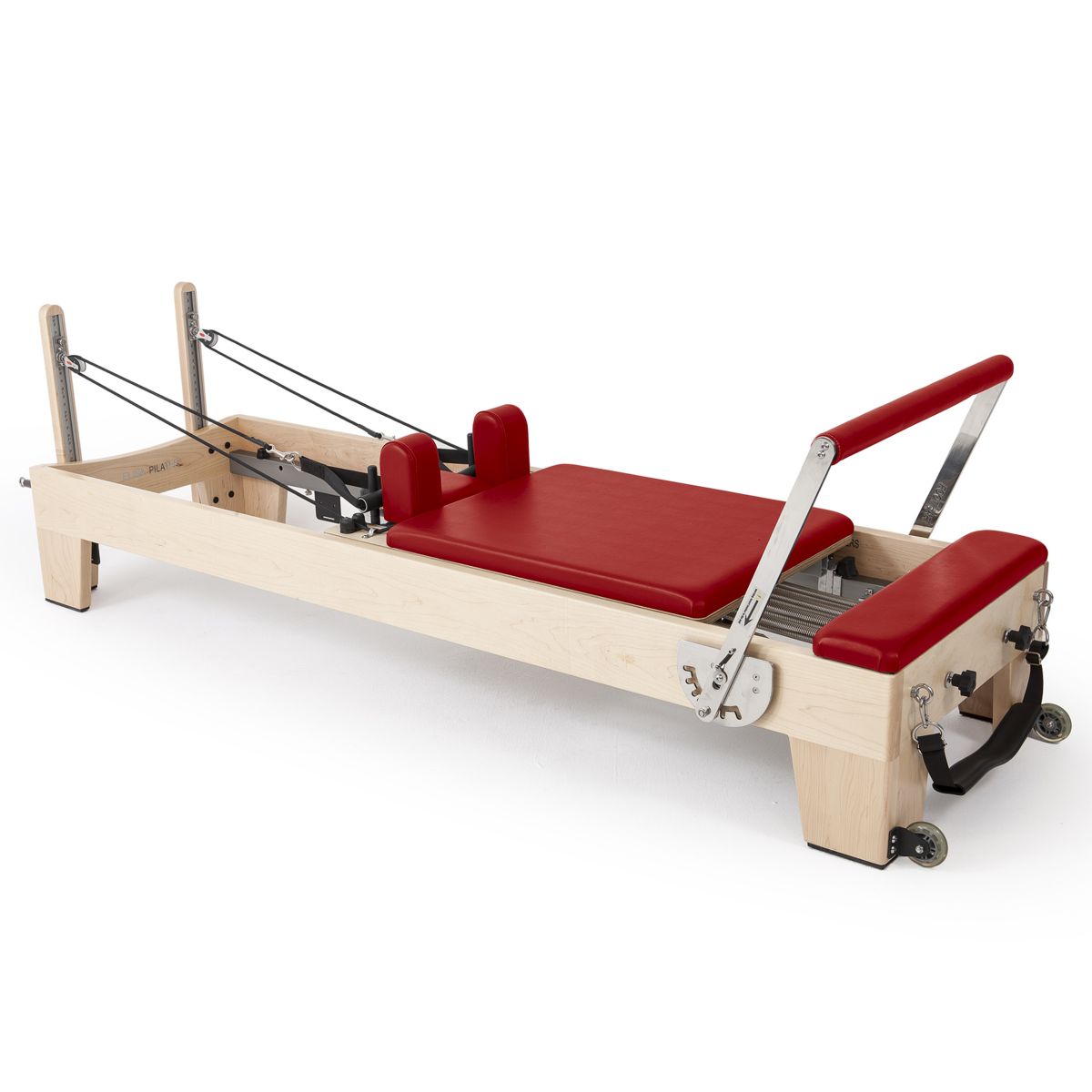 Close-up of the Elina Pilates Elite Reformer foot bar with quick-release mechanism highlighting its adjustable seven positions.