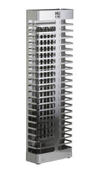 Compact stainless steel HUUM STEEL Mini 3.5kW sauna heater, designed for small sauna rooms, offering efficient heat and modern style.