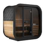 SaunaLife Cube-Series CL4G 4 Person Traditional Outdoor Cube Sauna showcasing ergonomic design and app-controlled LED lights for a relaxing backyard spa experience.