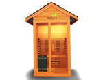Medical Breakthrough Nature 5: V2 2 Person Hybrid Sauna showcasing infrared and traditional heating with a beautiful red cedar build and Bluetooth speaker for an enhanced wellness experience.