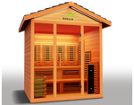 Medical Breakthrough Nature 9 hybrid sauna featuring infrared and steam options, designed for 3-6 people, showcasing its spacious interior and natural red cedar construction.