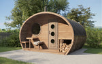 SaunaLife G11 Garden-Series outdoor sauna suite showcasing spacious design for 8 people with lounge area and natural light.