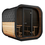 SaunaLife Cube-Series CL7G 6 Person Traditional Outdoor Cube Home Sauna Kit showcasing stylish design and spacious interior for ultimate relaxation.