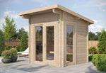 Spacious interior of SaunaLife G4 Garden-Series 6 Person Outdoor Traditional Sauna showcasing satin-finish aspen benches.