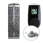 HUUM Steel 10.5kW Sauna Heater Package with Smart Control, designed for medium to large saunas, showcasing its modern stainless steel construction and efficient heating features.