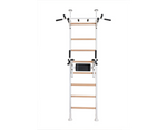 BenchK 522 Wall Bars Swedish Ladder in solid beech wood, showcasing its durable construction and multi-functional design that includes a pull-up bar and dip station for versatile workouts.