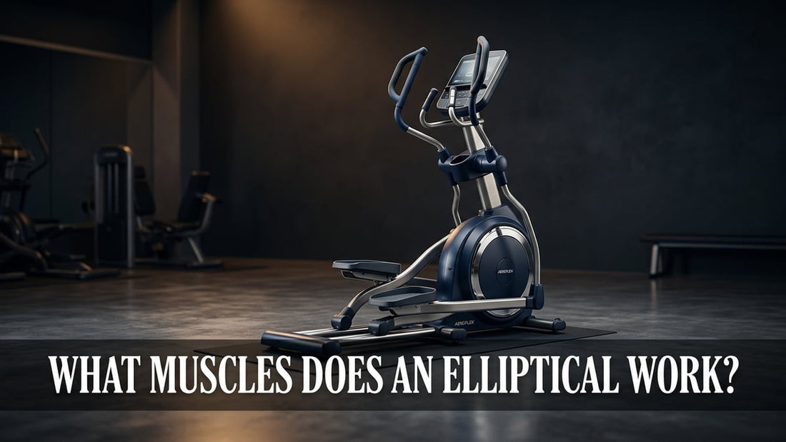 Cinematic hero shot of a navy blue commercial elliptical machine with bold article title text overlay