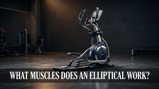 Cinematic hero shot of a navy blue commercial elliptical machine with bold article title text overlay