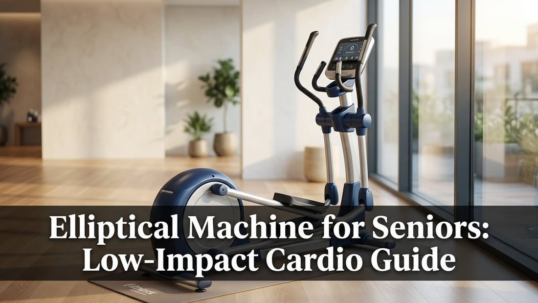 Sleek navy blue elliptical machine in a minimalist fitness studio with soft natural lighting for senior cardio training