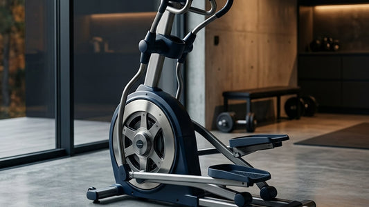 Sleek navy and steel elliptical machine in minimalist gym with cinematic lighting and article title overlay