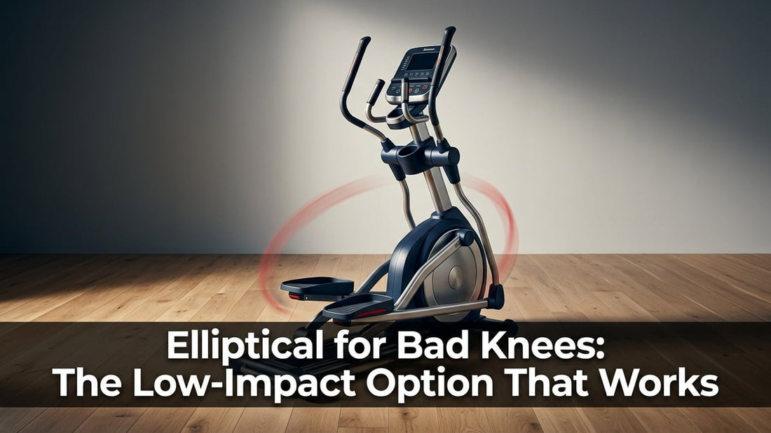 Premium navy blue elliptical machine with fluid stride motion arc highlighted in a minimalist gym studio setting.