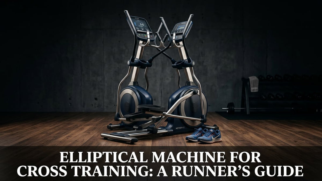 Sleek navy blue elliptical machine in a minimalist gym studio with running shoes alongside it