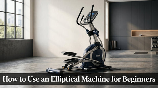 Modern commercial elliptical machine in a minimalist gym with cinematic lighting and bold title text overlay