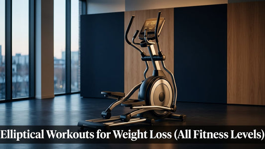 Sleek modern elliptical machine in a minimalist studio with dramatic lighting for weight loss article