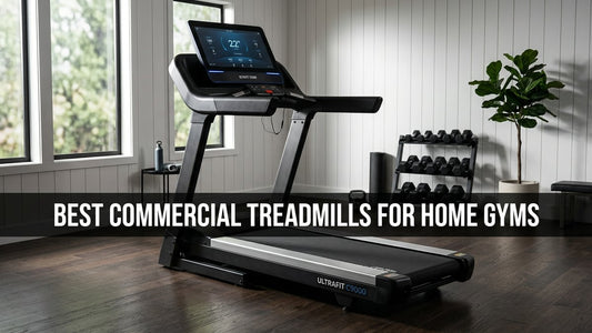 High-end commercial treadmill in a minimalist home gym with dramatic studio lighting and Navy Blue console glow