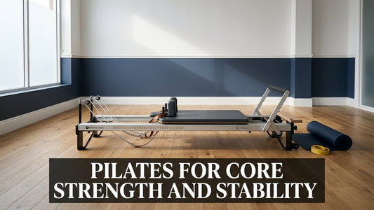 Cinematic Pilates studio with reformer and mat illustrating core strength and stability training environment