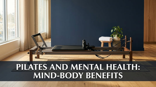 Minimalist Pilates reformer in a softly lit studio with navy walls and warm golden lighting