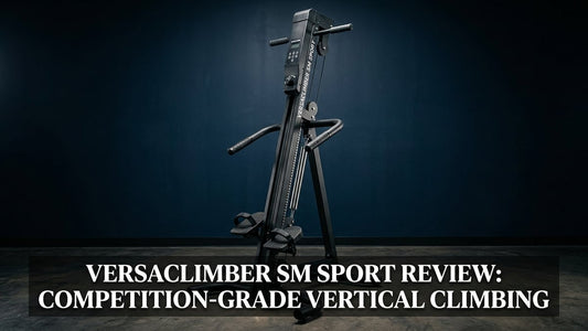 VersaClimber SM Sport vertical climbing machine on dark background with article title overlay