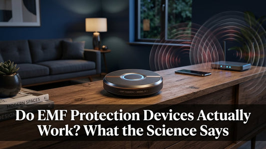 Sleek EMF protection device on a wooden surface with electromagnetic wave patterns radiating from nearby wireless devices