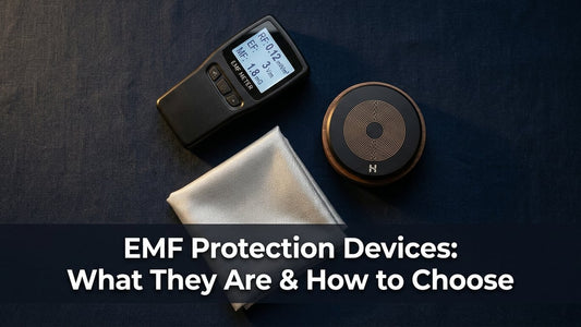 Flat-lay of EMF meter, silver shielding fabric, and harmonisation device on navy background with article title text