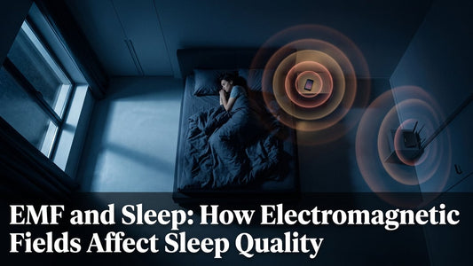 Cinematic aerial bedroom view with glowing electromagnetic field rings emanating from bedside smartphone at night