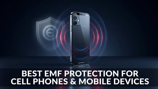 Cinematic smartphone surrounded by glowing EMF radiation rings with EMF protection article title overlay