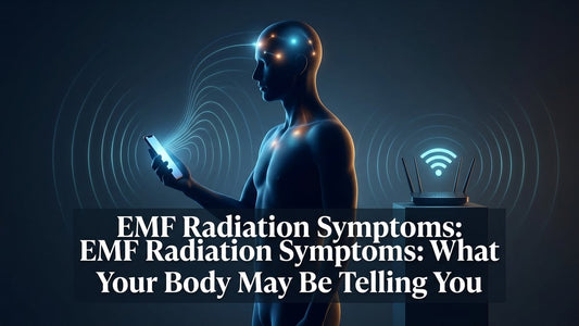 Human silhouette with EMF radiation waves emanating from smartphone and router, highlighting physiological stress points