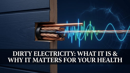 Cinematic cross-section of home wiring showing erratic voltage spike distortions on a sine wave against navy background
