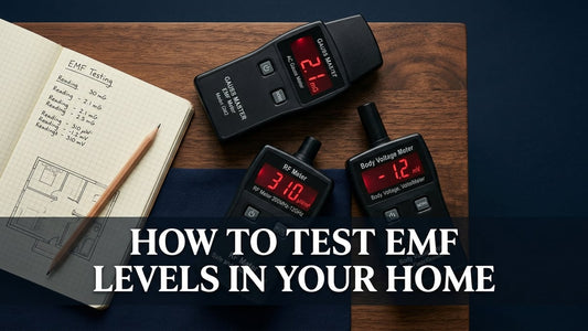 Flat-lay of three EMF meters, a floor plan sketch, and a notebook arranged on a navy desk for home EMF testing