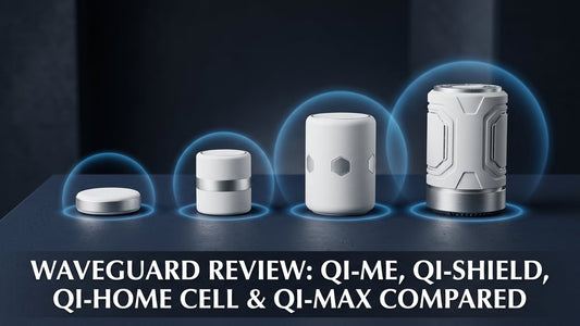 Four Waveguard EMF protection devices—Qi-Me, Qi-Shield, Qi-Home Cell, and Qi-Max—arranged by size on a dark navy surface with glowing blue protective auras.