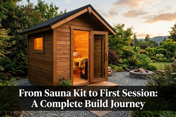 Cinematic golden-hour shot of an assembled outdoor traditional sauna kit with glowing interior and navy heater