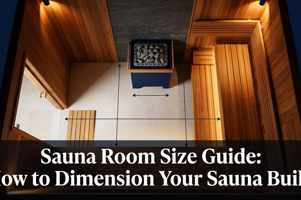 Top-down cinematic view of a cedar sauna interior with dimension lines and a navy blue heater