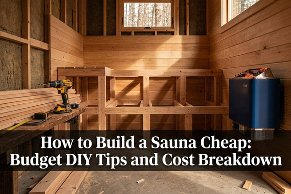 Minimalist DIY sauna interior mid-construction with hemlock paneling, navy blue electric heater, and warm amber lighting