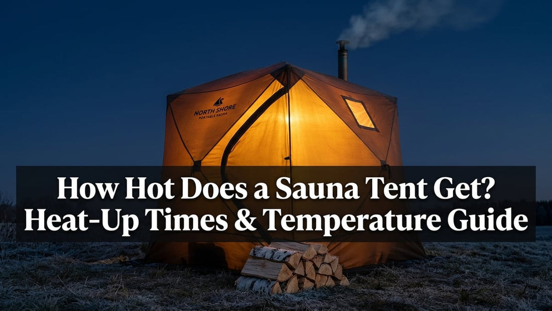 Portable sauna tent glowing amber at dusk with woodsmoke rising from stovepipe against navy sky