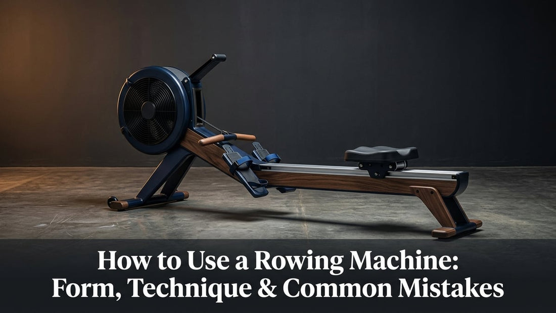 High-end cinematic studio shot of a navy blue rowing machine with dramatic side lighting on a dark background