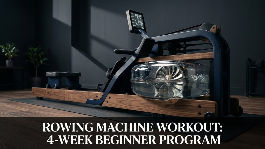 Sleek fluid resistance rowing machine in minimalist home gym with glowing performance monitor and navy tones