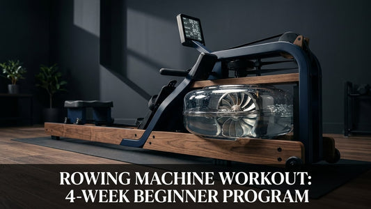 Sleek fluid resistance rowing machine in minimalist home gym with glowing performance monitor and navy tones