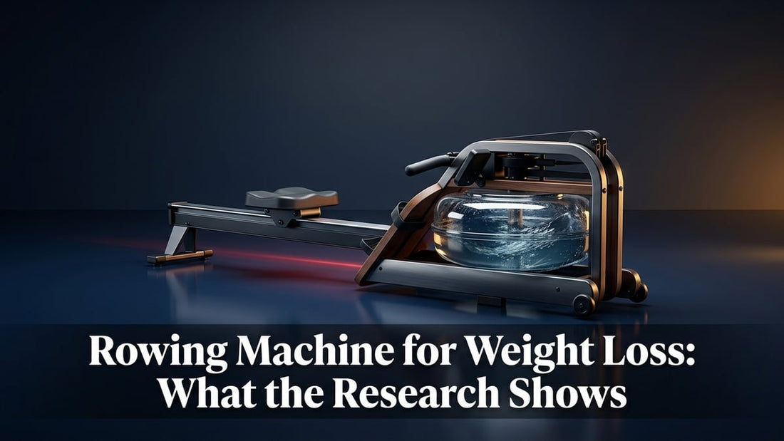 Premium rowing machine on dark navy background with cinematic lighting for weight loss fitness article hero image