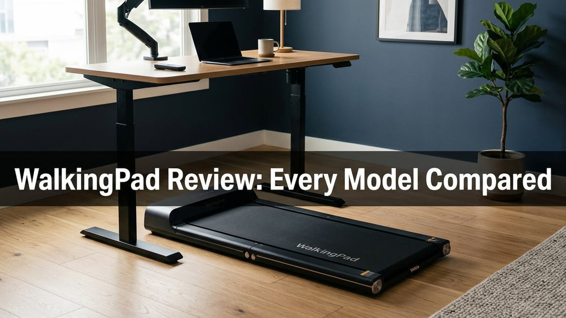 Sleek foldable WalkingPad treadmill under a standing desk in a minimalist navy blue home office