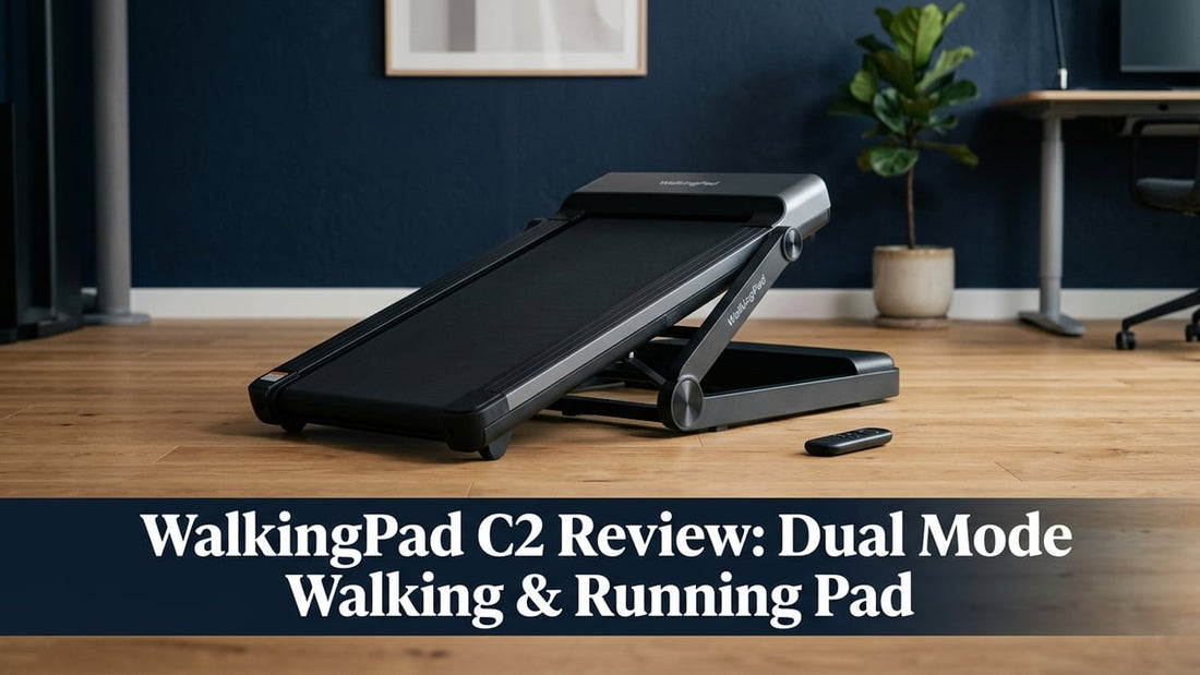 WalkingPad C2 compact folding treadmill shown unfolded on hardwood floor with handheld remote