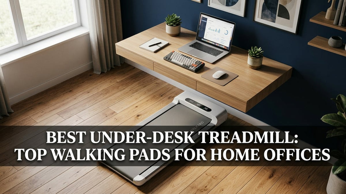 Cinematic home office setup showing a sleek under-desk walking pad treadmill beneath a minimalist standing desk