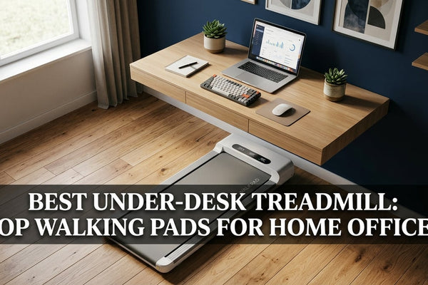 Cinematic home office setup showing a sleek under-desk walking pad treadmill beneath a minimalist standing desk
