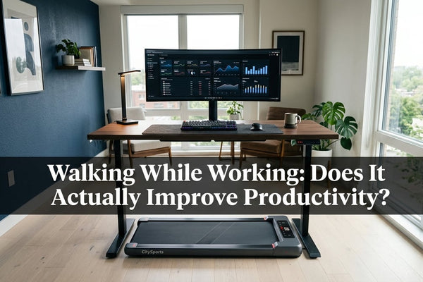 Cinematic shot of a sleek under-desk walking treadmill workstation with ultrawide monitor and navy blue accent wall