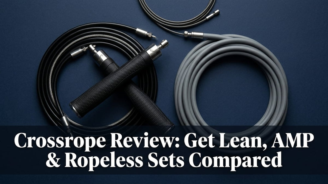 Flat-lay of Crossrope weighted jump rope handles and interchangeable ropes on dark navy background