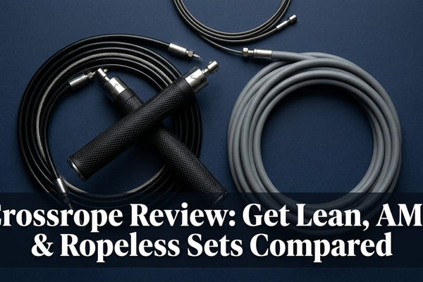 Flat-lay of Crossrope weighted jump rope handles and interchangeable ropes on dark navy background