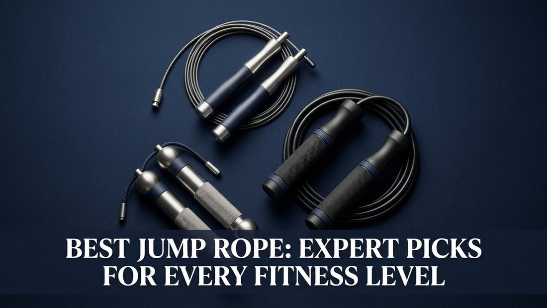 Flat lay hero image of three premium jump rope types arranged on a navy surface with bold article title text