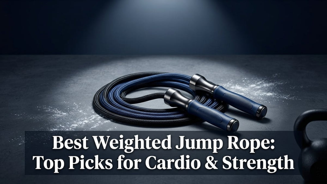 Premium weighted jump rope with navy blue handles on dark concrete surface, cinematic studio lighting