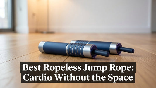 Premium navy blue ropeless jump rope handles on hardwood floor in minimalist apartment setting