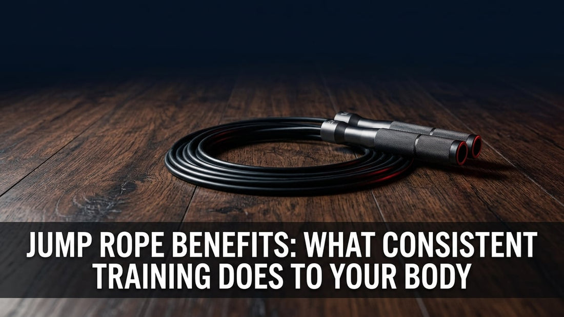Premium weighted jump rope on hardwood gym floor with cinematic navy blue lighting for jump rope benefits article